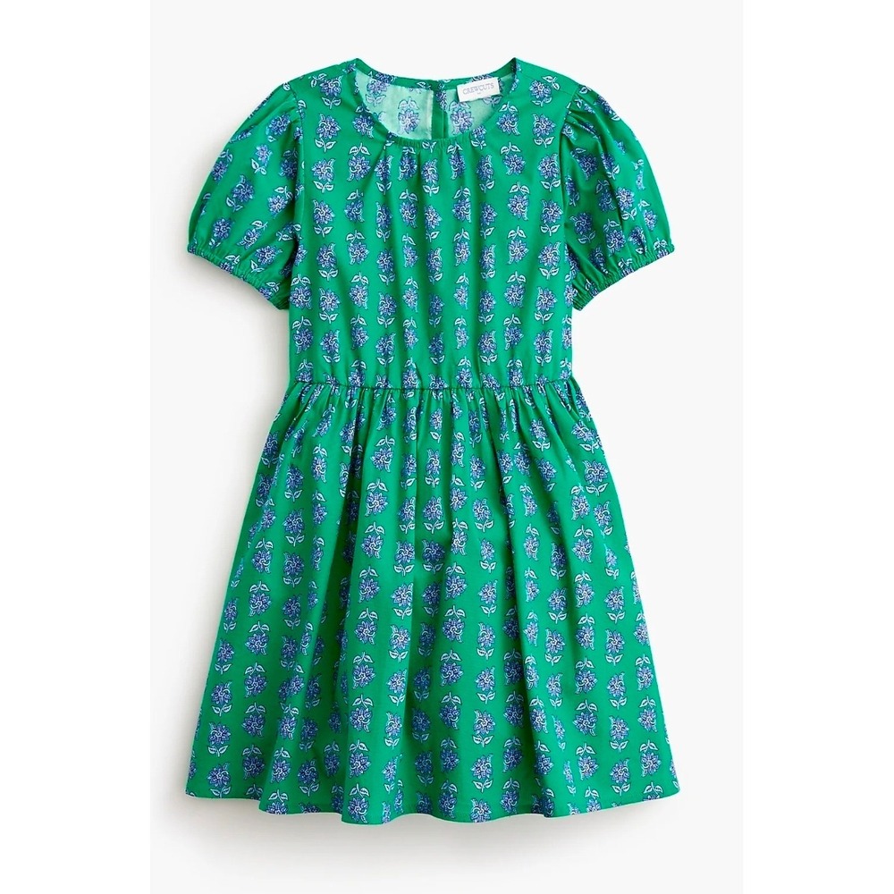 Crewcuts Girls Size 10 Emerald Beryl Multi Block Print Floral Puff Sleeve Dress